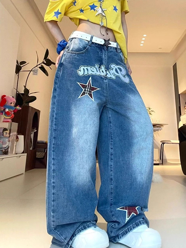 EMMIOL Retro Patchwork Buchstaben Sterne Boyfriend Jeans
