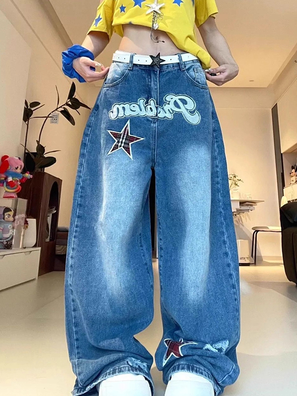 EMMIOL Retro Patchwork Buchstaben Sterne Boyfriend Jeans