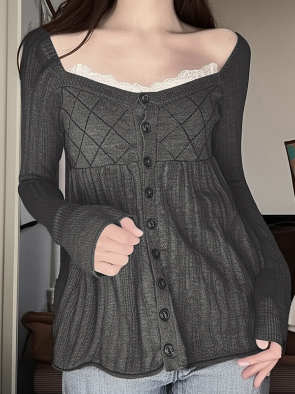 EMMIOL Cardigan con scollo quadrato in pizzo stile dolce