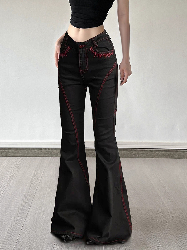 EMMIOL Vaqueros acampanados con bordado de diseño oscuro