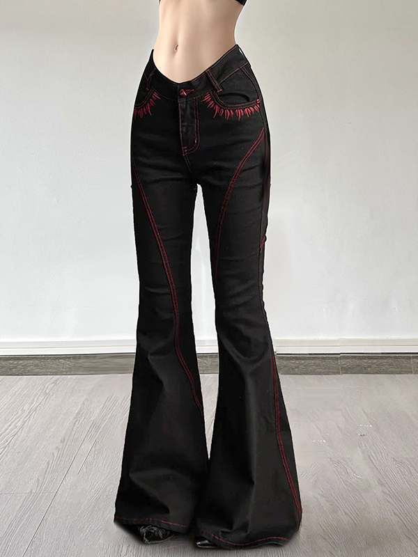 EMMIOL Vaqueros acampanados con bordado de diseño oscuro