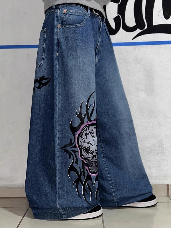 EMMIOL Skull Print Retro Boyfriend Jeans