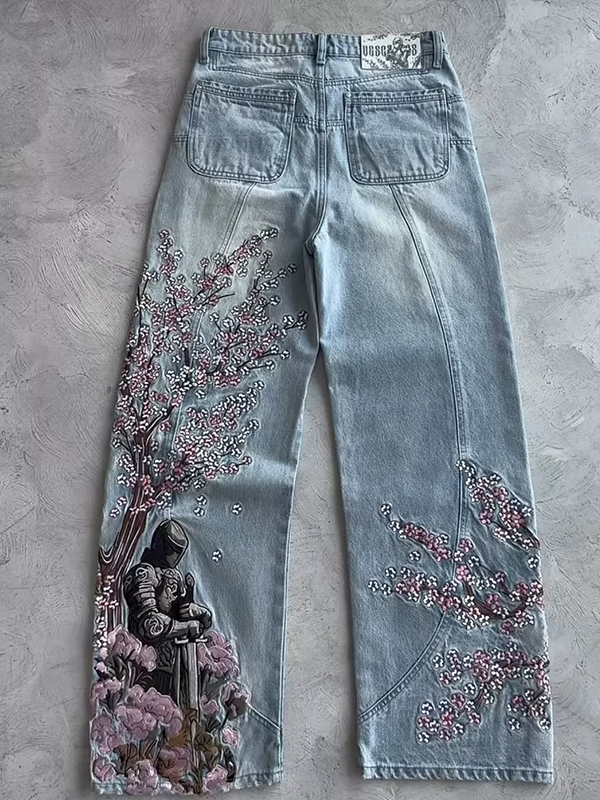 EMMIOL Retro Plum Blossom Embroidery Boyfriend Jeans