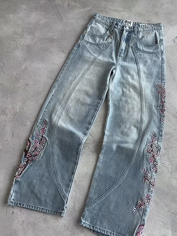 EMMIOL Retro Plum Blossom Embroidery Boyfriend Jeans