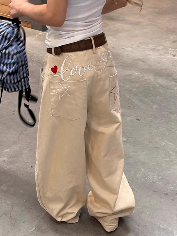 EMMIOL Jeans boyfriend con ricamo di lettere a stella retrò