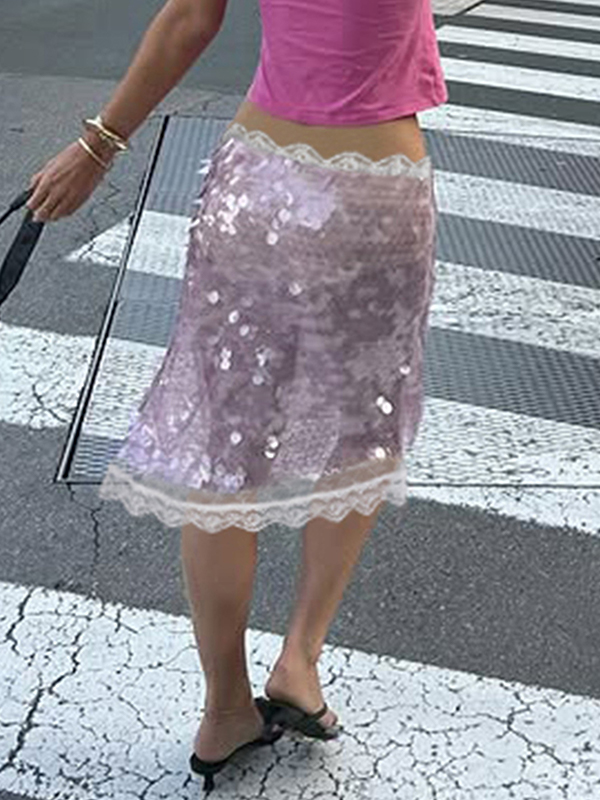 EMMIOL Gonna lunga in pizzo trasparente con paillettes