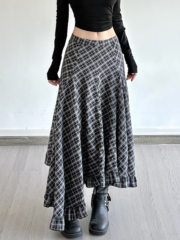 EMMIOL Vintage Check Irregular Maxi Skirt