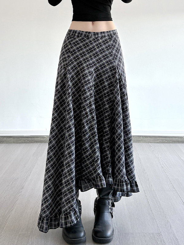EMMIOL Vintage Check Irregular Maxi Skirt