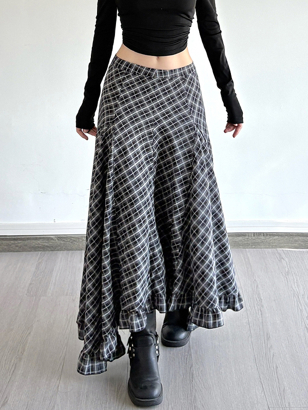 EMMIOL Vintage Check Irregular Maxi Skirt