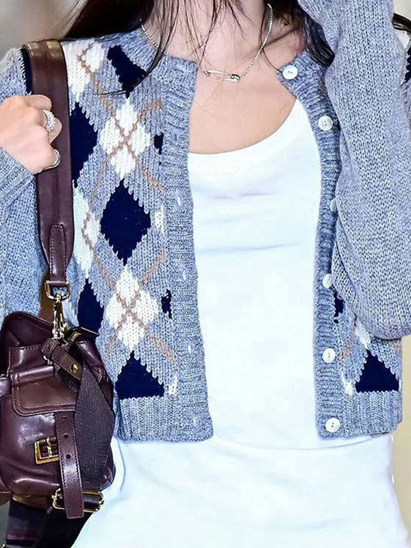 EMMIOL Round-Neck Jacquard Diamond Pattern Cardigan