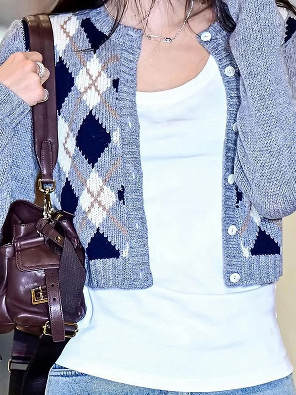 EMMIOL Round-Neck Jacquard Diamond Pattern Cardigan