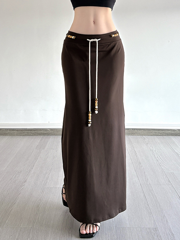 EMMIOL Retro Brown Beaded Lace-Up Maxi Skirt