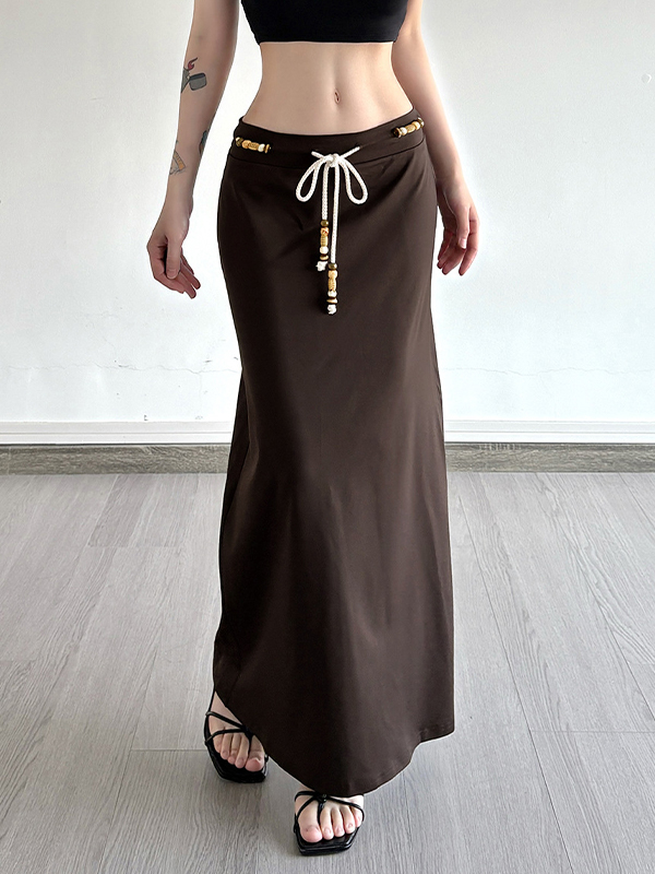 EMMIOL Retro Brown Beaded Lace-Up Maxi Skirt
