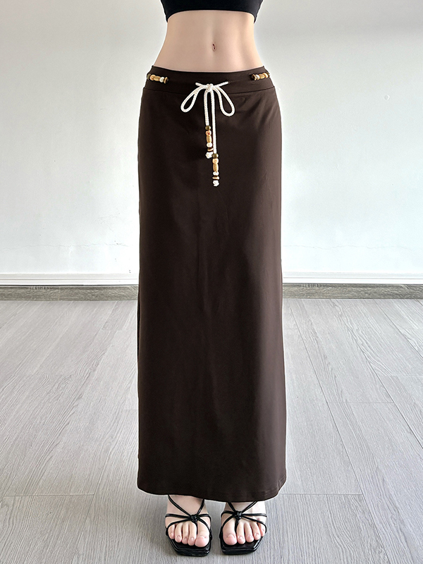 EMMIOL Retro Brown Beaded Lace-Up Maxi Skirt
