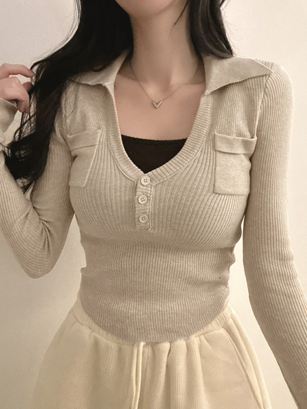 EMMIOL Slim-Fit V-Ausschnitt Slimming-Effekt Langarm