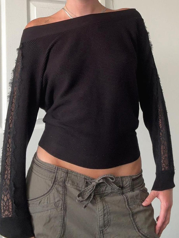 EMMIOL Schwarzes Langarmshirt im Retro-Stil mit Rundhalsausschnitt