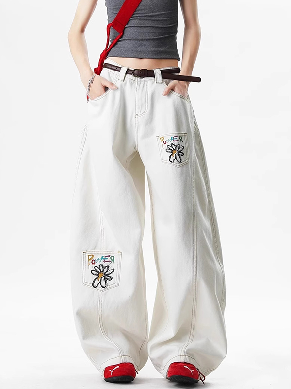 EMMIOL Jeans boyfriend con ricami floreali vintage americani