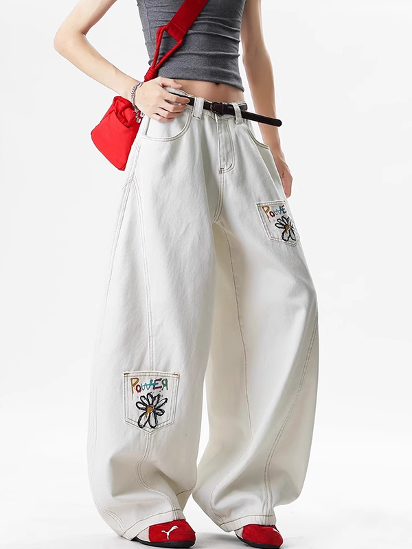 EMMIOL Jeans boyfriend con ricami floreali vintage americani