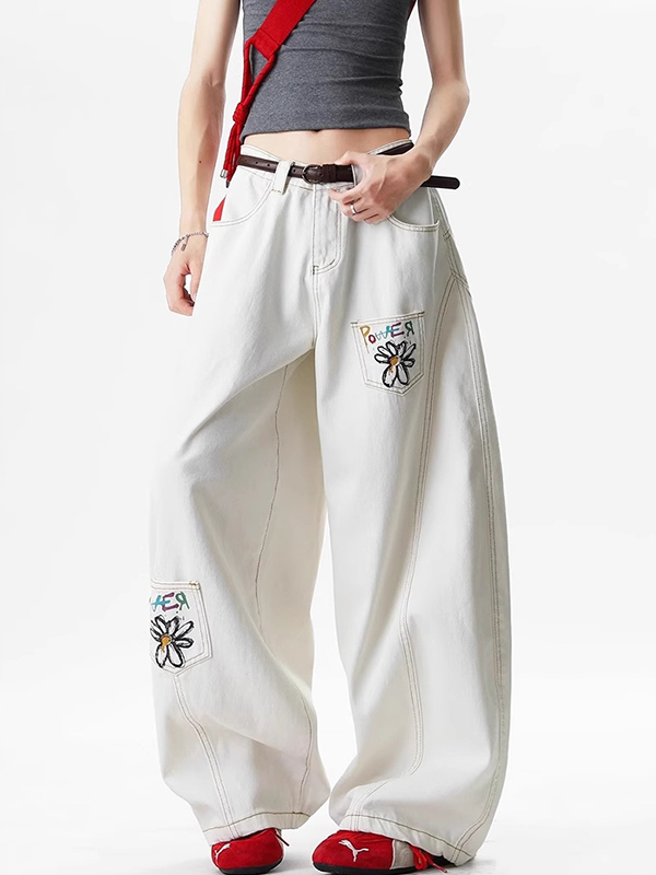 EMMIOL Jeans boyfriend con ricami floreali vintage americani