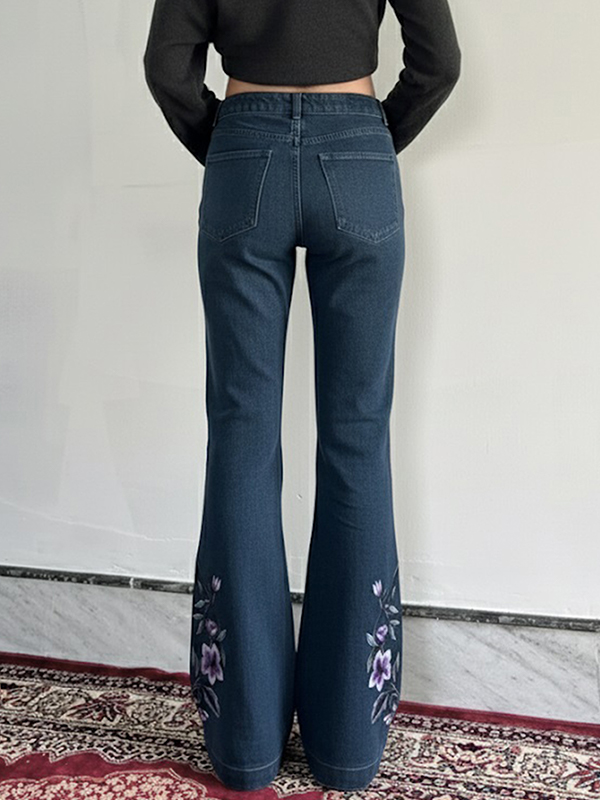 EMMIOL Jeans a zampa con ricamo floreale vintage