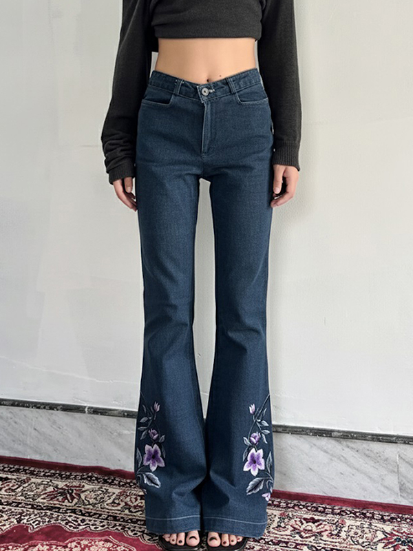 EMMIOL Jeans a zampa con ricamo floreale vintage