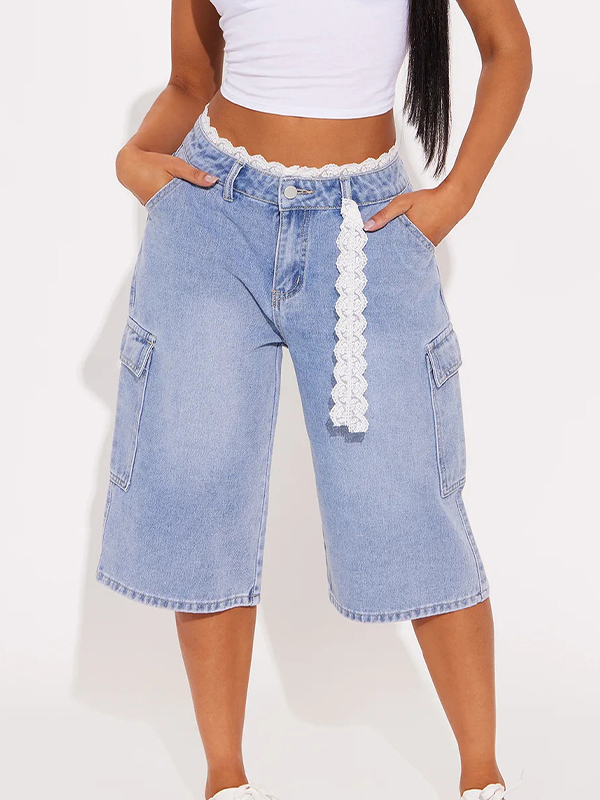EMMIOL Shorts vaqueros con ribete de encaje