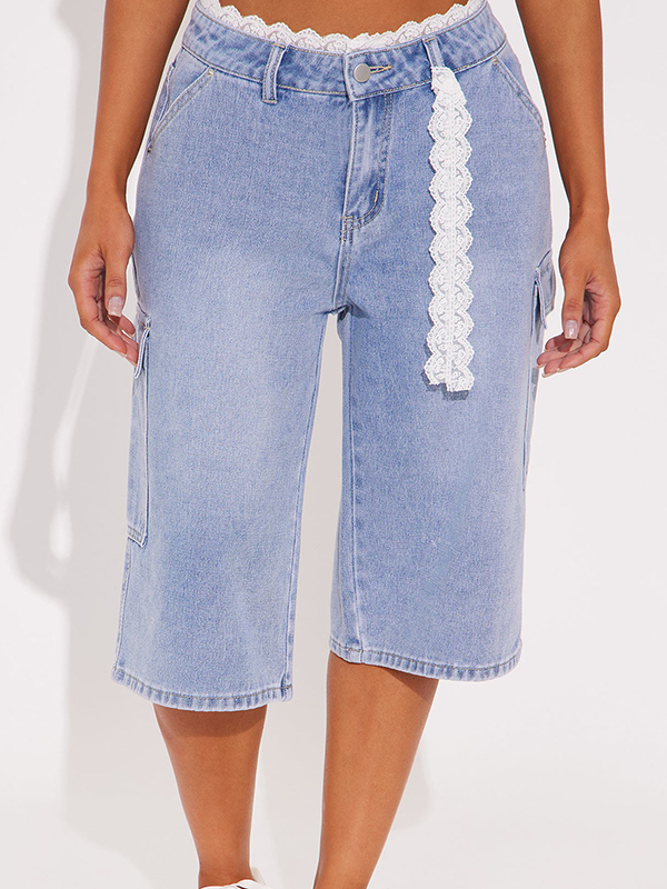 EMMIOL Shorts vaqueros con ribete de encaje