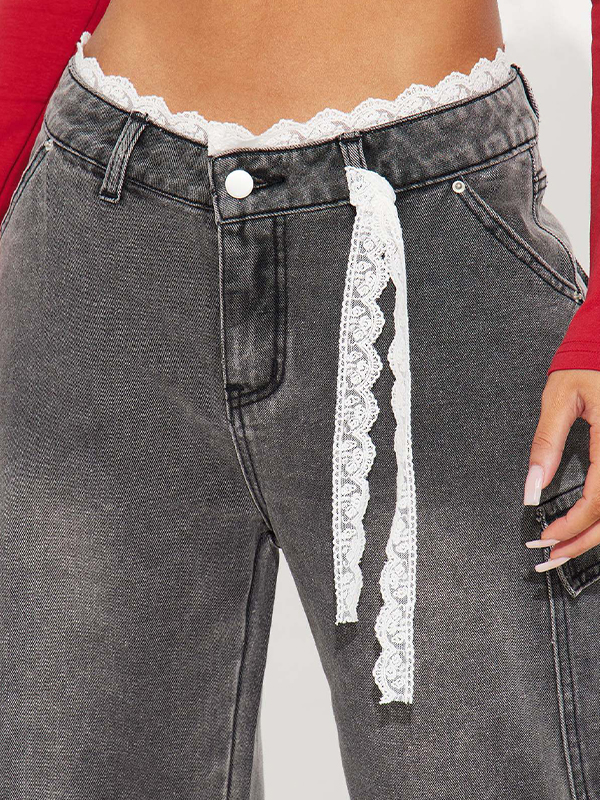 EMMIOL Shorts vaqueros con ribete de encaje