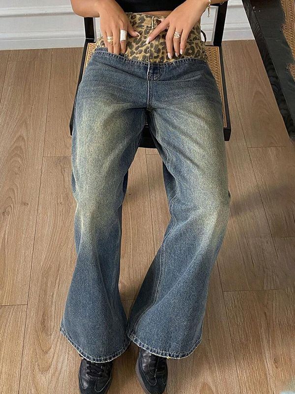 EMMIOL Jeans boyfriend patchwork con stampa leopardata