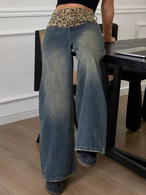 EMMIOL Jeans boyfriend patchwork con stampa leopardata