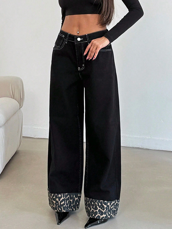 EMMIOL Jeans boyfriend con stampa leopardata e cuciture visibili