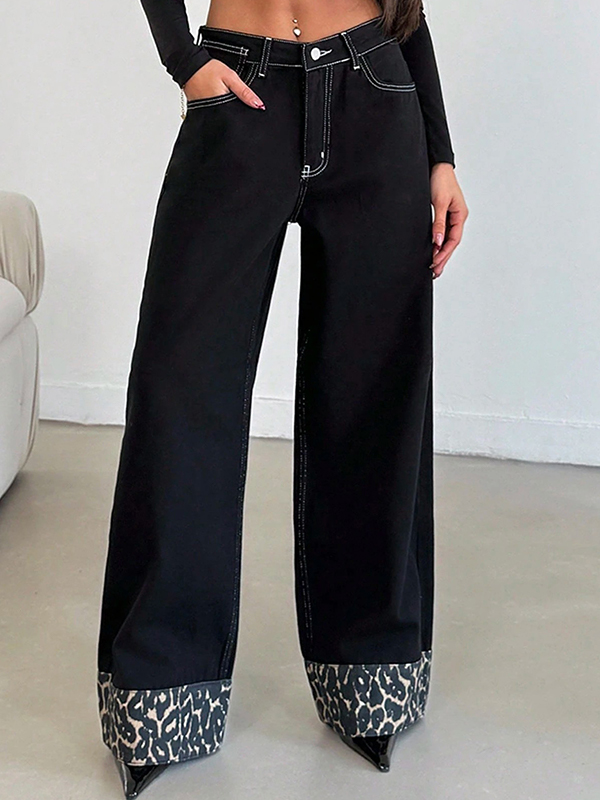EMMIOL Jeans boyfriend con stampa leopardata e cuciture visibili