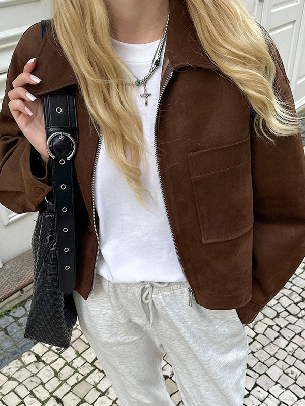 EMMIOL Wildlederjacke mit Revers und Reißverschluss