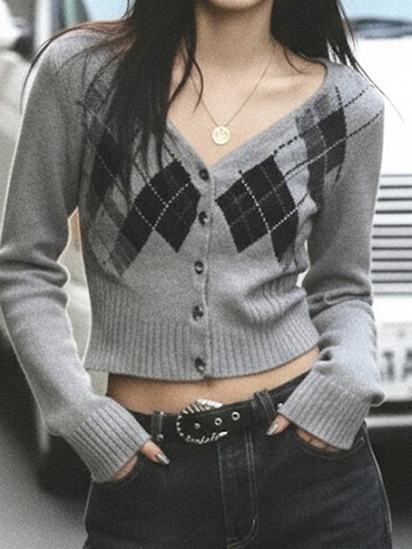 EMMIOL Cardigan in tessuto di lana con motivo a rombi