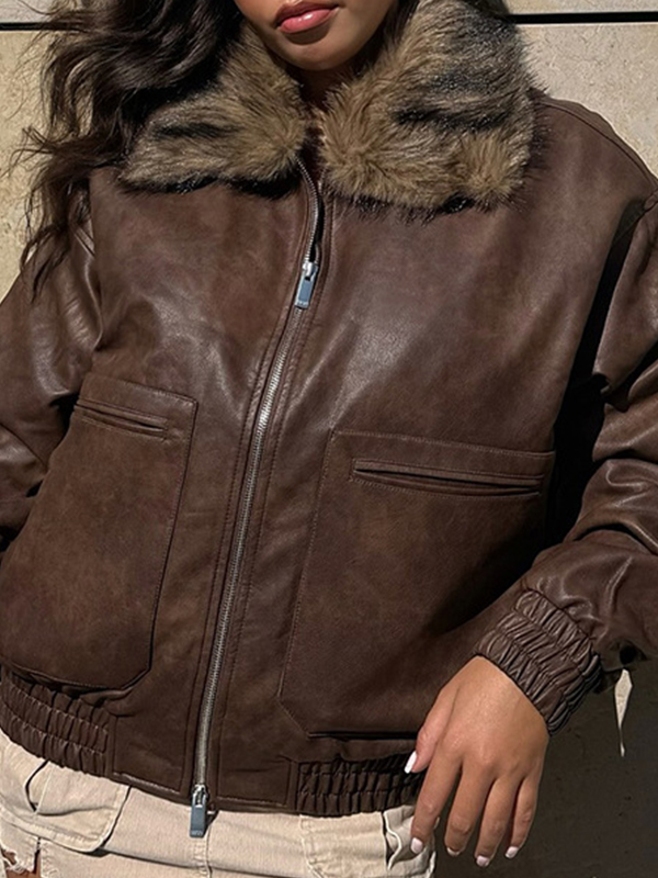 EMMIOL Giacca di pelliccia marrone retrò