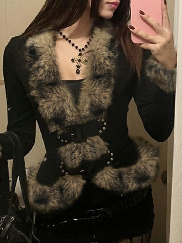 EMMIOL Retro Fur-Trimmed Patchwork Jacket