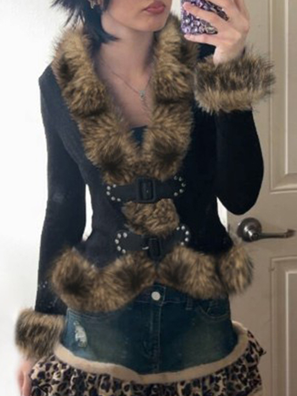 EMMIOL Retro Fur-Trimmed Patchwork Jacket