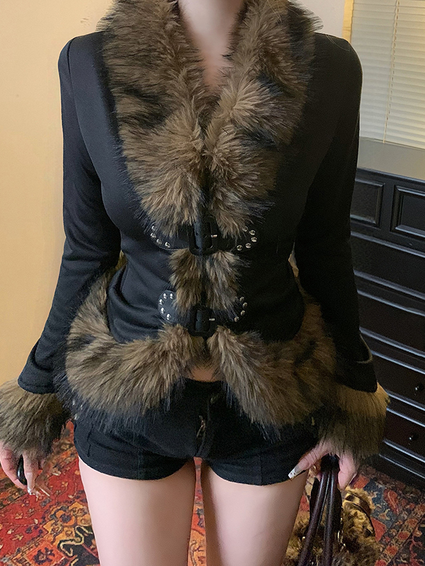EMMIOL Retro Fur-Trimmed Patchwork Jacket