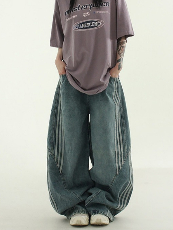 EMMIOL Jeans boyfriend larghi con strisce patchwork