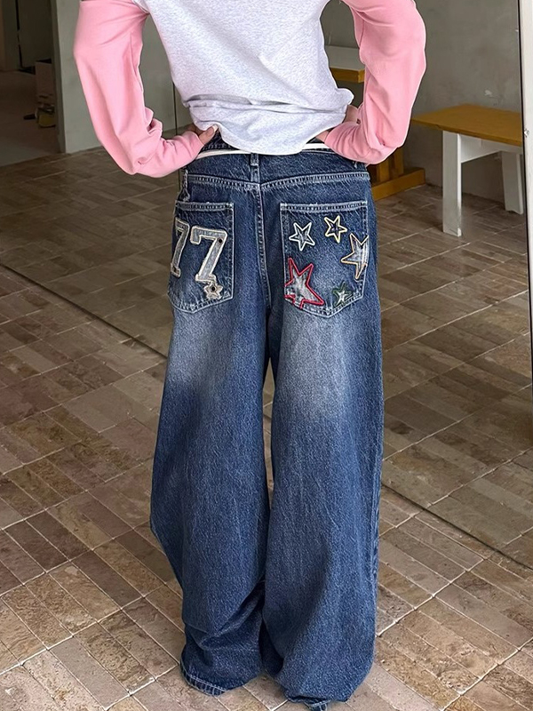 EMMIOL Jeans boyfriend con ricamo digitale a stella lavato ad acqua