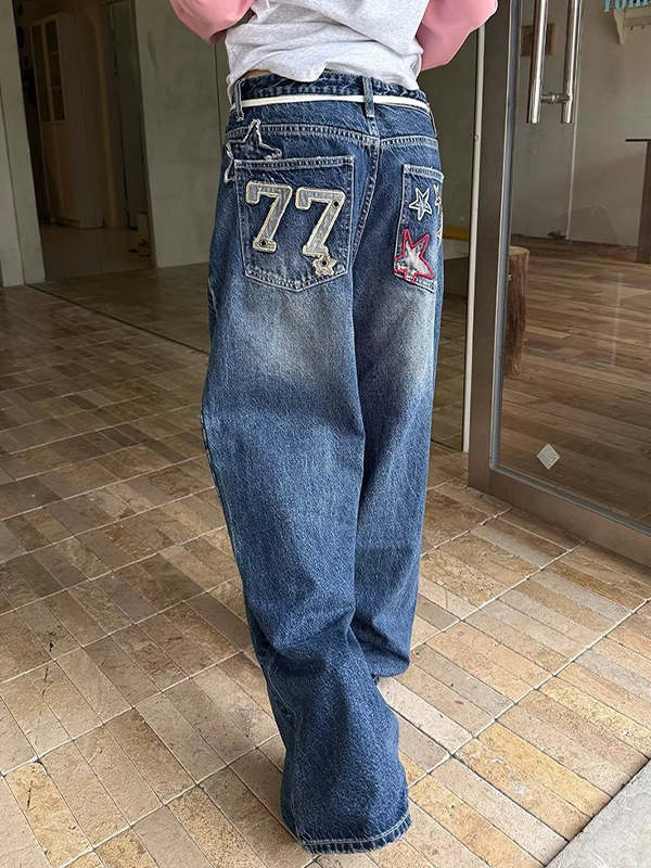EMMIOL Jeans boyfriend con ricamo digitale a stella lavato ad acqua