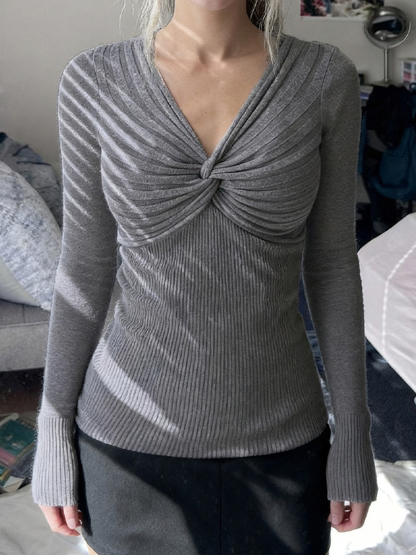 EMMIOL V-Neck Solid Color Fitted Waist Long Sleeve