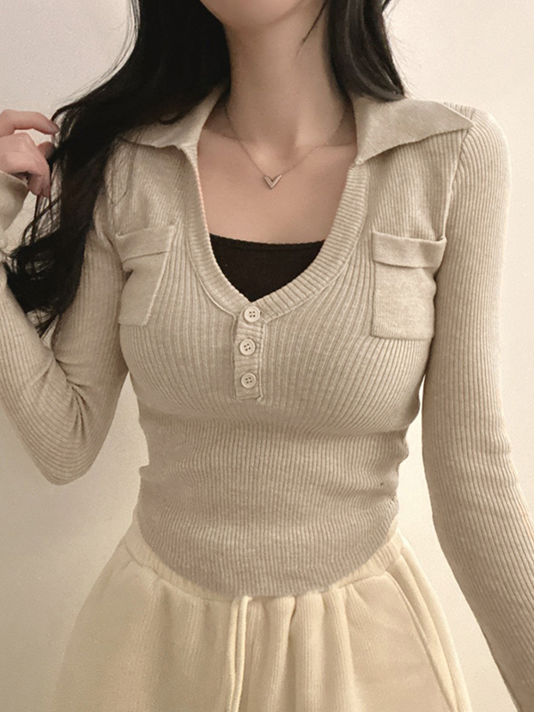 EMMIOL V-Neck Slims Figure Long Sleeve