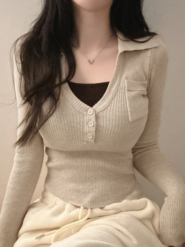 EMMIOL V-Neck Slims Figure Long Sleeve