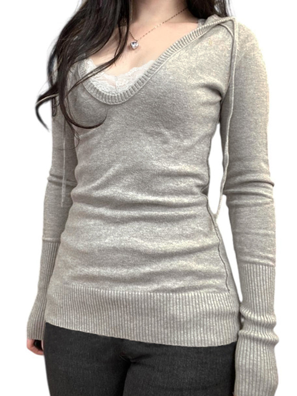 EMMIOL V-Neck Color-Blocked Tie-Front Long Sleeve