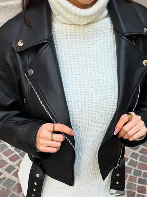 EMMIOL Lederjacke mit Patchwork-Reißverschluss