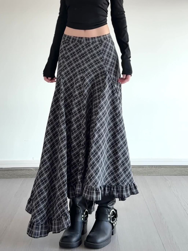 EMMIOL Falda larga irregular a cuadros vintage