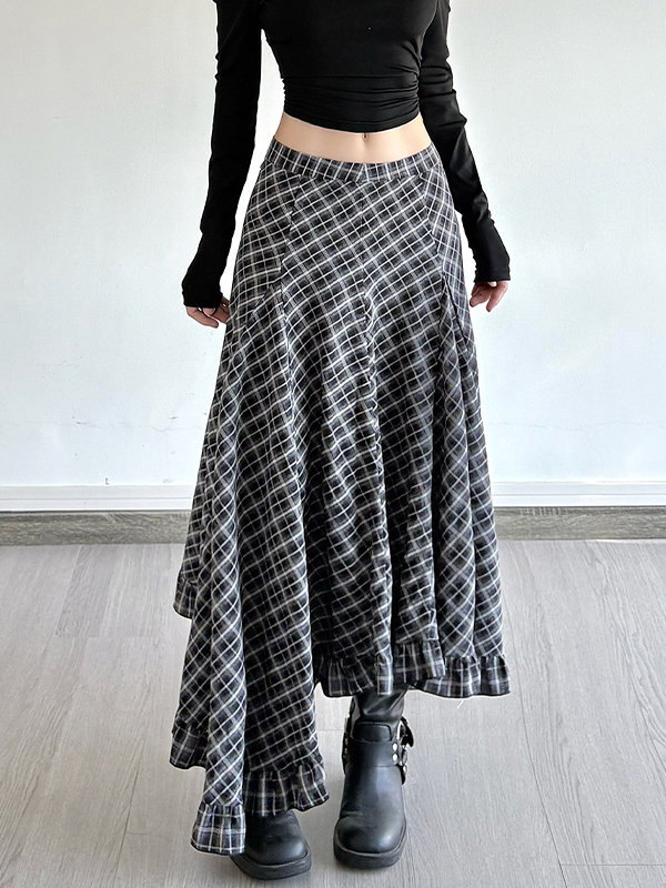 EMMIOL Falda larga irregular a cuadros vintage