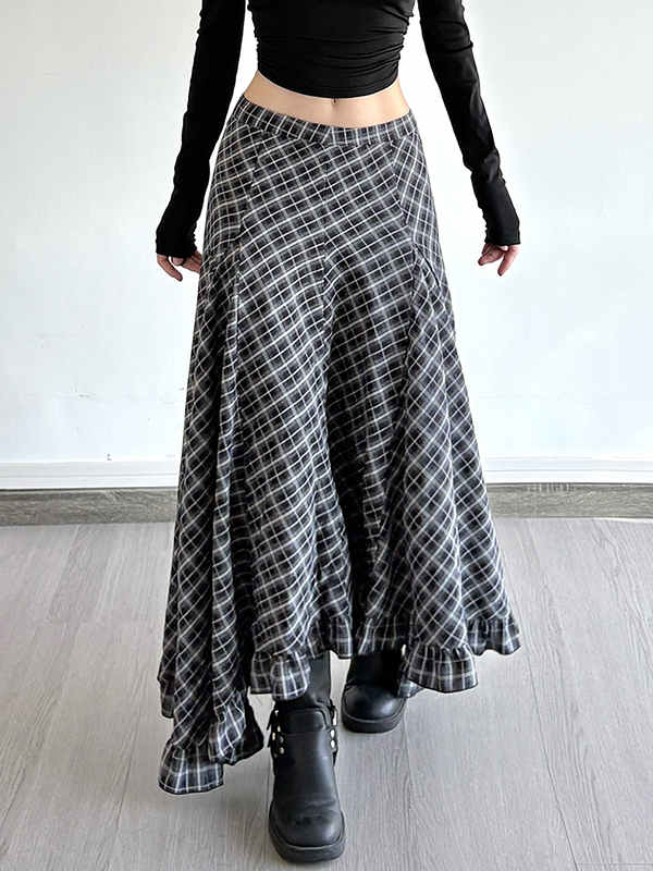 EMMIOL Falda larga irregular a cuadros vintage