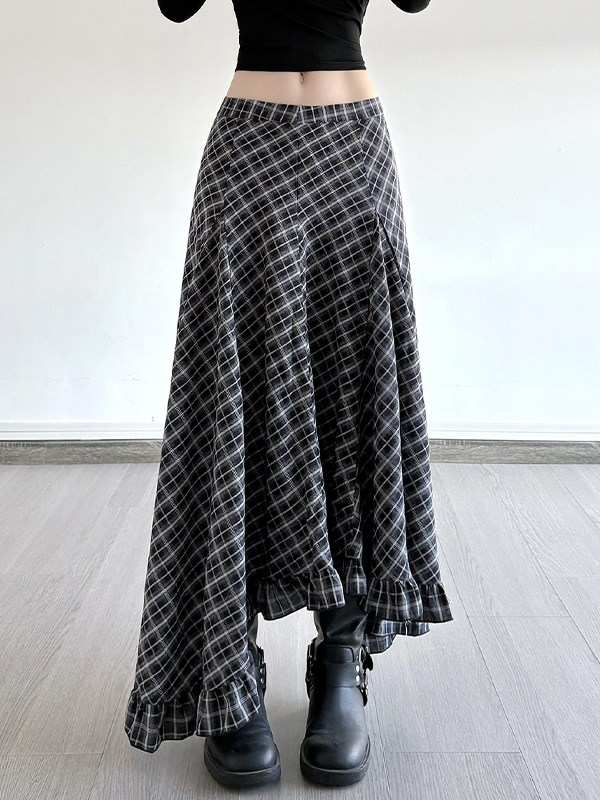 EMMIOL Falda larga irregular a cuadros vintage